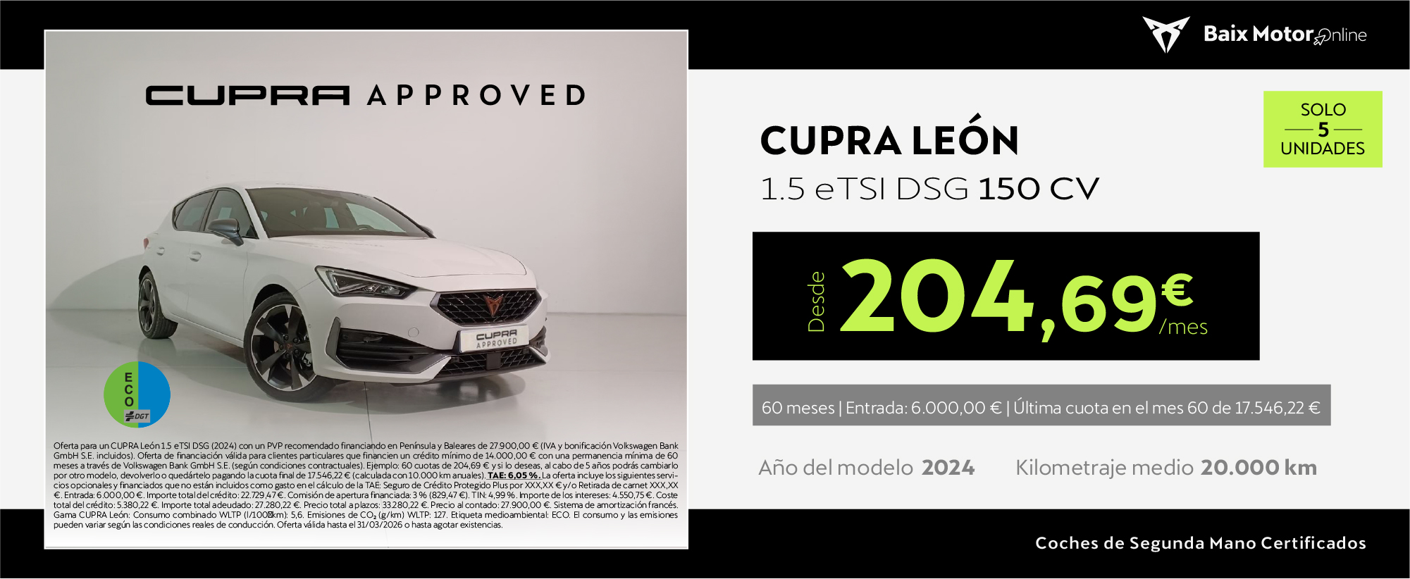 ¡OCASIÓN! Cupra León 150CV DSG por sólo 204,69€/mes*